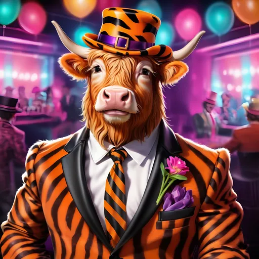 Prompt: Highland cow wearing a tiger striped suit wearing a tiger striped pimp hat and matching tie. Nightclub background.