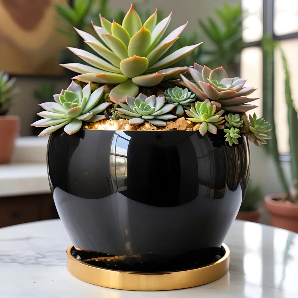 Prompt: giant Onyx and gold pot with succulents inside.