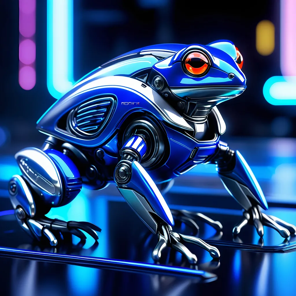 Prompt: Tiny frog mech, metallic and sleek design, futuristic sci-fi style, intense royal blue and white color scheme, sparkling neon lights, miniature scale, highres, ultra-detailed, sci-fi, futuristic, metallic sheen, intense color scheme, miniature scale, neon lights, detailed design, professional, atmospheric lighting