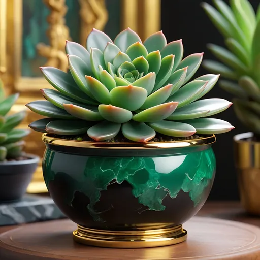 Prompt: Onyx and jade pot with neon succulent, gold handles, highres, detailed, realistic painting, vibrant colors, natural lighting, intricate details, luxurious material, botanical illustration, elegant design, rich green tones, polished surfaces, high quality, realistic, succulent, onyx and jade pot, vibrant, natural lighting, intricate details, luxurious material, botanical illustration, elegant design, rich green tones, polished surfaces