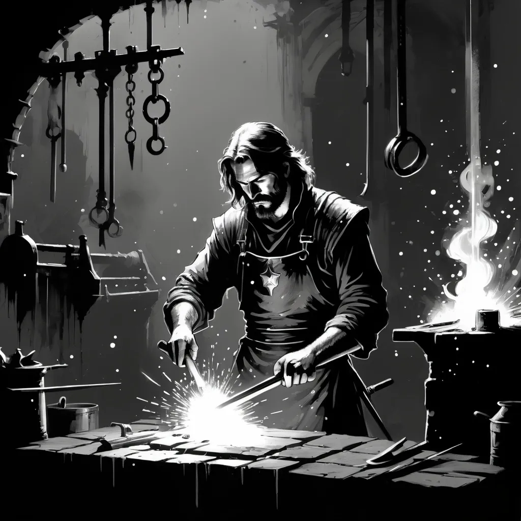 Prompt: Black and White Blacksmith, small detailed golden sparks, medieval grunge, in the style of Darkest Dungeon, Brooks Gordon, Stephen Gammell, Peter Max 