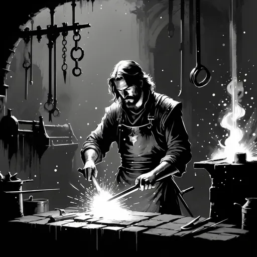 Prompt: Black and White Blacksmith, small detailed golden sparks, medieval grunge, in the style of Darkest Dungeon, Brooks Gordon, Stephen Gammell, Peter Max 