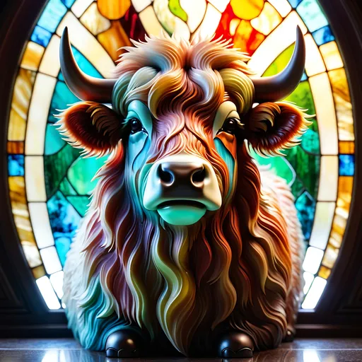 Prompt: Mini Highland cow in chalcedony stained glass 3D portraiture, intricate details, vibrant colors, high quality, 3D rendering, stained glass, mini highland cow, chalcedony, detailed fur, 3D portraiture, realistic, vibrant hues, professional lighting