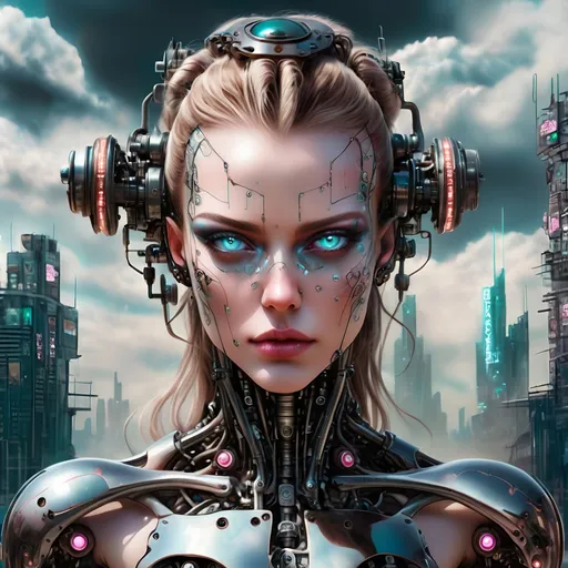 Prompt: Panoramic full body view of anamorphic cyborg of femme fatale Molly Millions with mirrored eyes and nails from Neuromancer in dystopian city, analog circuit clouds 