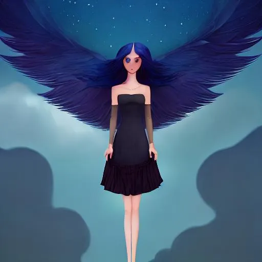 Prompt: In style of christian Schloe and daria Petrilli, a giant colorful bird flying with a beautiful cute girl with a very long and wild  ombre gradient blue hair on its back in a beautiful starry sky. Craquelure, egg tempera effect, Naive art, extremely detailed, optical illusion, oil painting 