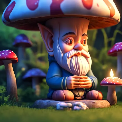 Prompt: a gnome meditating to expand his third eye. He sits criss-cross apple sauce on top of a large mushroom
