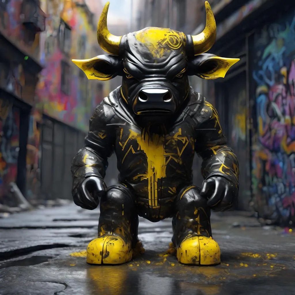 Prompt: A black and yellow translucent dwarf bull humanoid made of black carbon fiber, graffiti all over it, standing up in the ghetto, highly detailed painting, photorealistic, sparkles, magical atmosphere, 8k
