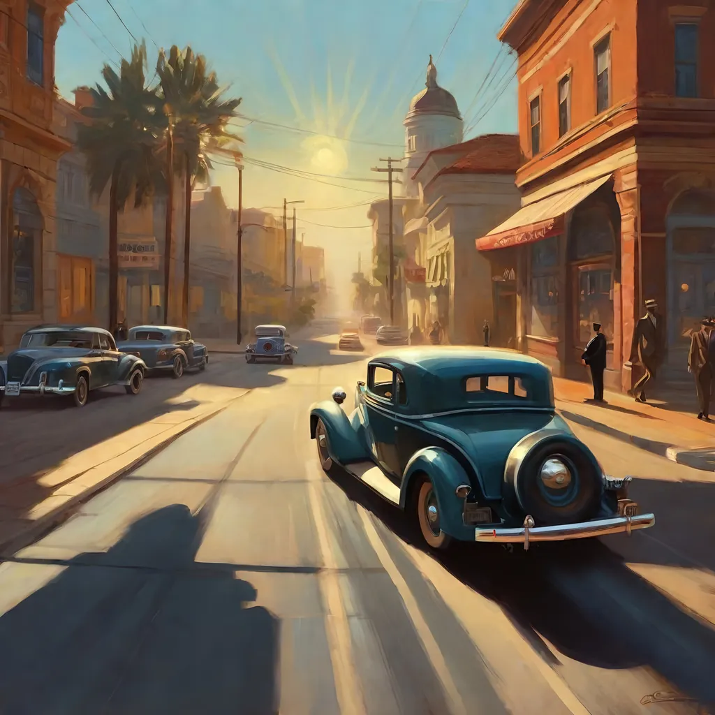 Prompt: LA Noire, car chase, cartoony, sunny atmosphere, extremely detailed painting by Greg Rutkowski and by Henry Justice Ford and by Steve Henderson