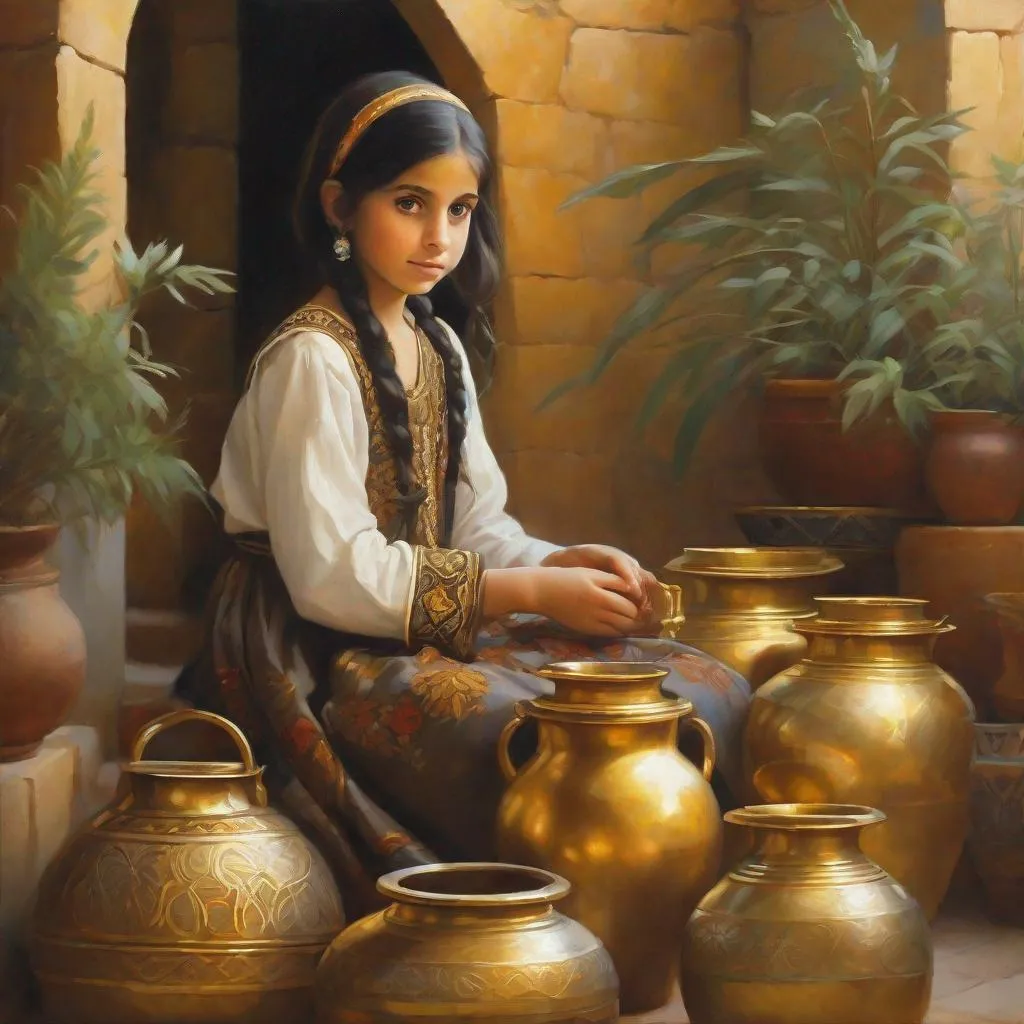 Prompt: A 10 year old Syrian girl, pale skin, black hair, pigtails, brown eyes, traditional Syrian dress, Old Damascus, surrounded by gold and onyx pots filled with different plants, photorealistic, extremely detailed painting by Greg Rutkowski by Steve Henderson