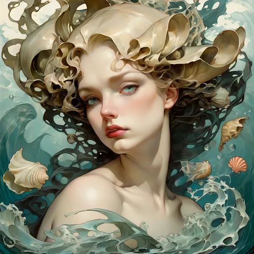 Prompt: sea siren, beauty, sinister slyph, goddess mode, kelp, shells, ferrotype, james jean, alphonse mucha