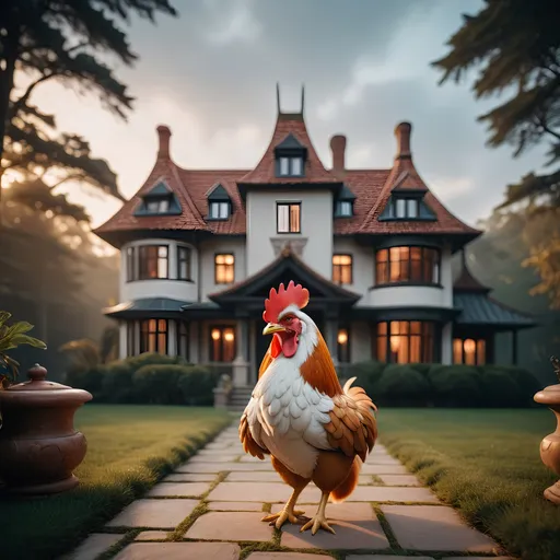 Prompt: impressive luxury residence combining the styles of metaphorical chicken and mystical fox, professional photography, cinematic lighting, unsplash