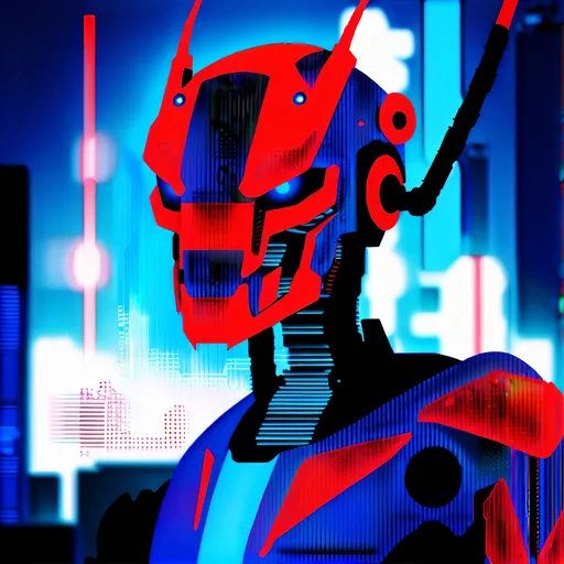 Prompt: Cybernetic robotic demon mist, red and blue lines. Make the background the bronx.