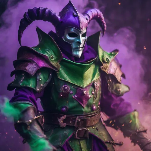 Prompt: A jester knight, colorful armor, unsettlingly strange, casting a spell, strange multicolored energy, dungeons and dragons, depth of field focused on the knight . Purple and green smoke.