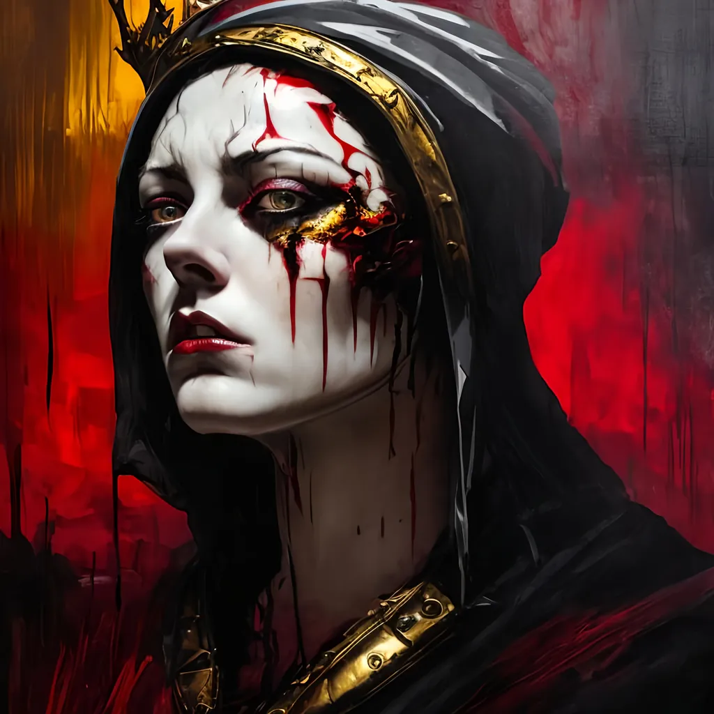 Prompt: Lady Macbeth with fierce ambition and ruthless determination, bold reds, blacks, and golds, sharp lines, dramatic angles, neon crown, high contrast, oil painting, detailed facial features, intense gaze, regal posture, dark and atmospheric lighting, highres, high quality, dramatic, Shakespearean, royal, powerful, intense colors, emotional, professional