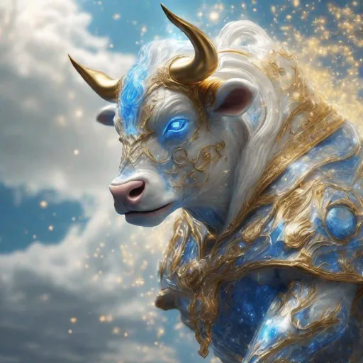 Prompt: A white, blue and gold translucent dwarf bull humanoid made of the element wind in heaven, highly detailed painting, photorealistic, sparkles, magical atmosphere, 8k