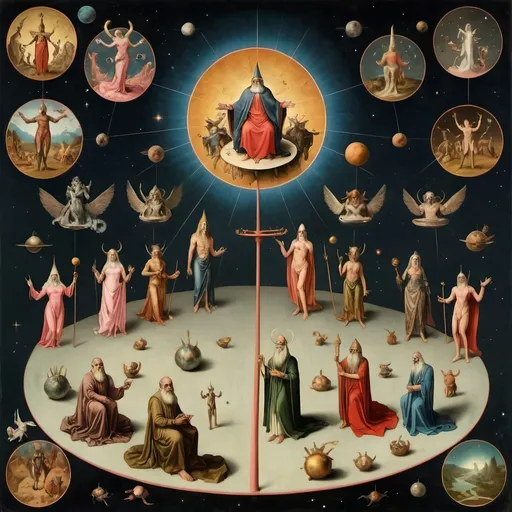 Prompt: All different mythological gods and religion gods on a thin platform in space welcoming me happily, they explained I was one of them but sacrificed my godhood so they could exist in myths and fables, Bosch style
