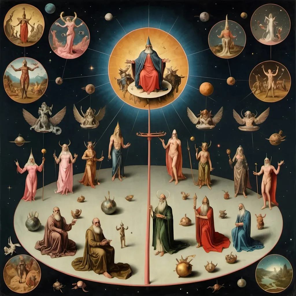 Prompt: All different mythological gods and religion gods on a thin platform in space welcoming me happily, they explained I was one of them but sacrificed my godhood so they could exist in myths and fables, Bosch style