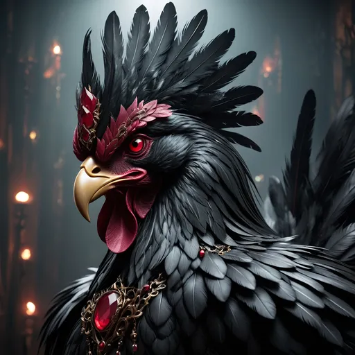 Prompt: Sinister rooster made of onyx and rubies, dark and foreboding atmosphere, high quality, gothic, detailed feathers, menacing gaze, glowing ruby eyes, onyx body with intricate details, shadowy lighting