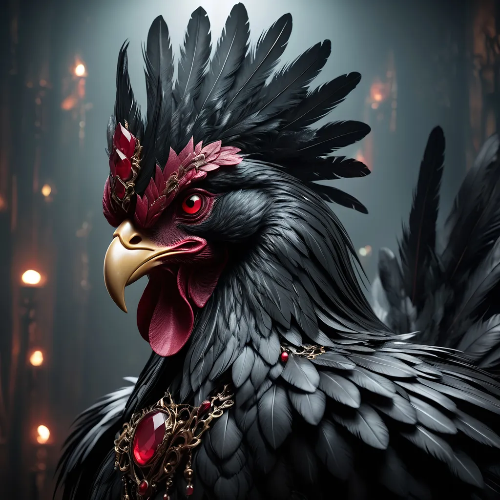 Prompt: Sinister rooster made of onyx and rubies, dark and foreboding atmosphere, high quality, gothic, detailed feathers, menacing gaze, glowing ruby eyes, onyx body with intricate details, shadowy lighting