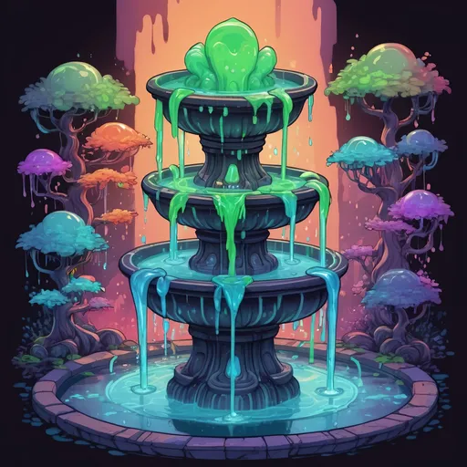 Prompt: A four-way fountain each side filled with strange glowing slime in many colors, in zen tangle art style
