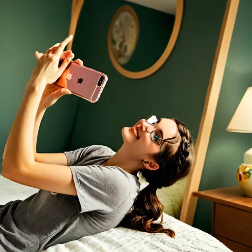 Prompt: In a cozy indoor setting, a young woman with long, dark hair styled in a braid softly smiles at her reflection in a mirror, exuding a relaxed and cheerful aura. She wears a black t-shirt adorned with the Nike logo and stylish, clear-framed glasses, one hand gently resting on her cheek while the other holds a smartphone to capture a selfie. The room features a patterned bedspread with vibrant colors and floral designs, while a colorful blanket is draped over her lap. In the background, an intriguing poster of a child on the beach adds a whimsical touch, and the walls showcase simple decorations, enhancing the intimate and personal feel of the space. The warm lighting emphasizes the inviting atmosphere, making it a snapshot of a moment filled with joy and comfort.