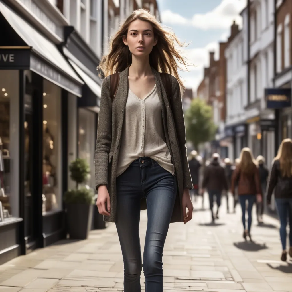 Prompt: Tall young woman walking down the high street, detailed clothing, realistic, natural lighting