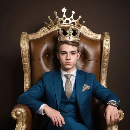 Prompt: A photo of a young man sitting on a king's chair with a symbolic crown on his head, this man is wearing a very attractive suit and this photo is suitable for a profile picture.