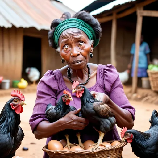 Prompt: Mama Efe Examining the Chickens – An old African woman with wise, piercing eyes inspects a black chicken in the market. Her wrinkled fingers rub off a bit of black dye, revealing normal feathers underneath. She looks shocked and suspicious.