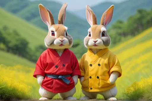 Prompt: In a lush meadow province of south korea, there are two male rabbit brothers living together. One rabbit is big and  wearing red clothes while the other one is small younger rabbit wearing yellow clothes.