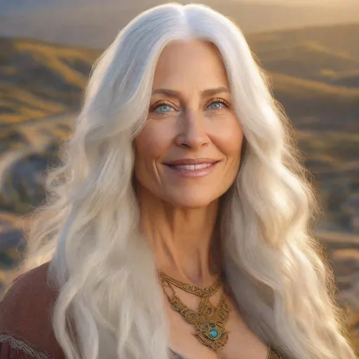 Prompt: beautiful 39 year old women with white hair, white eyebrows, light skin, realistic, ultrarealistic, high quality art, bright eyes, long hair, beauty, real, long hair, symmetrical, anime wide eyes, fair, delicate, medieval, mountain, golden hour, happy