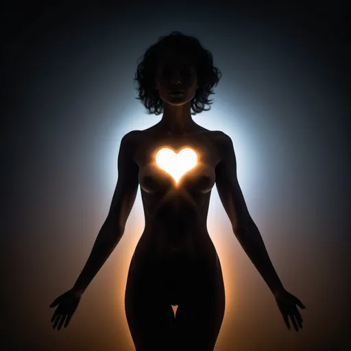 Prompt: "A silhouette with a heart glowing inside":

Imagine a dark silhouette of a person, standing tall and confident, with soft glowing light emanating from within their chest. The light forms the shape of a heart, radiating warmth and energy, casting a soft glow around the figure. The heart symbolizes self-love, inner strength, and passion. The surrounding space is serene, perhaps with gentle light streaks or subtle sparkles, representing the idea that this inner glow is powerful enough to light the way through life's challenges. The figure itself is composed of flowing, abstract shapes, suggesting fluidity and openness, implying that the person is connected to their own emotions, power, and authenticity.

This image would inspire a sense of embracing one's true self, radiating positivity from within, and finding strength through self-love and passion. The soft glow of the heart represents how our inner power can shine even through difficult times.