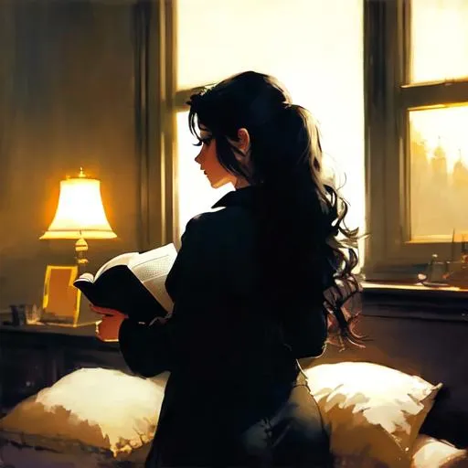 Prompt: Professional painting of a girl with black long wavy hair reading book on bed, from the back, dreamy, from back, thick eyebrows, long sleeves, by Jeremy Mann, Rutkowski, and other Artstation illustrators, intricate details, illustration, UHD, 4K