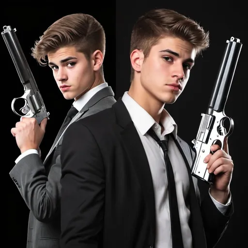 Prompt: make me a book cover, about an 18 year old boy called Justin, make him with a book, back to back with a Mafia guy holding a gun, and make the book cover all images, no title