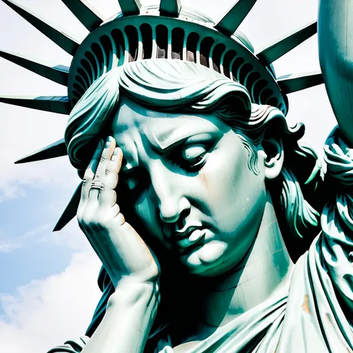 Prompt: statue of liberty with hand over her face looking embrassed