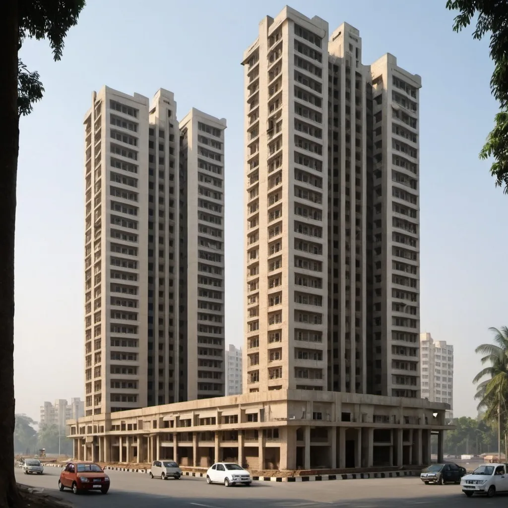 Prompt: 13 storied building of 2 towers one in front one in back four balcony in front of road road should only in front of building
