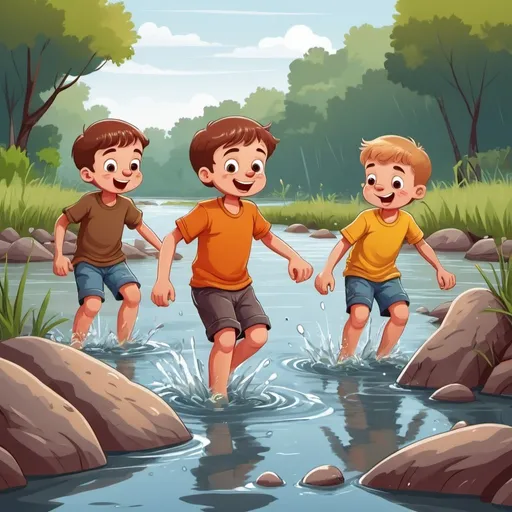Prompt: three boy of 7 years old playing in the river in cartoon style