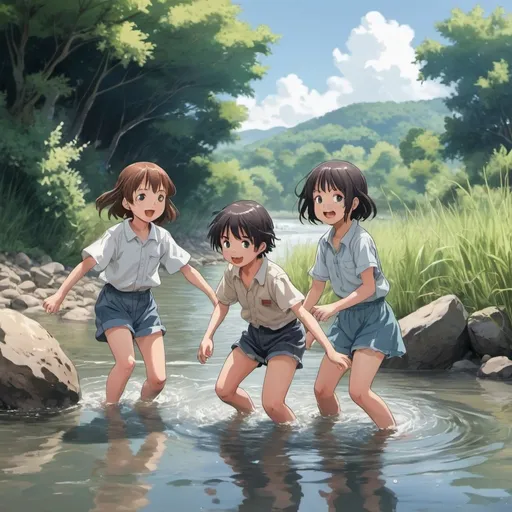 Prompt: three children playing in the river in anime style