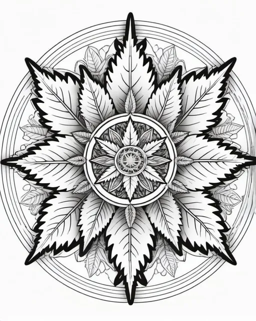 Prompt: Black and white line drawing. Pure white background. Thick black outlines. No shading. Coloring page. 
Cannabis mandala