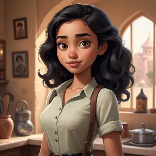 Prompt: Disney, Pixar art style, girl with olive skin tone, Arabic shaped black eyes, long tightly curled black hair wearing shirt and standing confident 