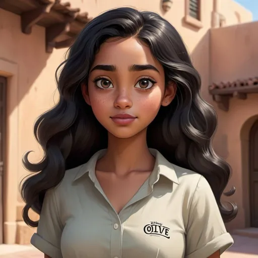 Prompt: Disney, Pixar art style, girl with olive skin tone, Arabic shaped black eyes, long tightly curled black hair wearing shirt and standing confident 