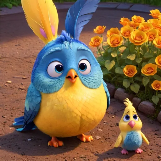 Prompt: Disney, Pixar art style, In a colorful garden, Autumoti, a brave bird with blue feathers, struggled to connect with new friends like Pearl the rabbit and the lion cub. With persistence, they formed a deep bond, promising everlasting friendship.