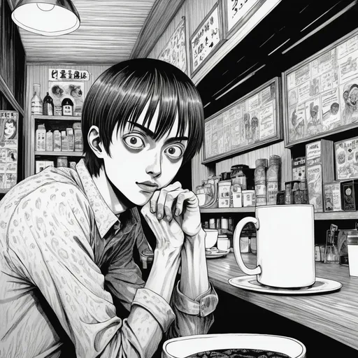 Prompt: Junji Ito manga style, man in coffee shop, manga scene