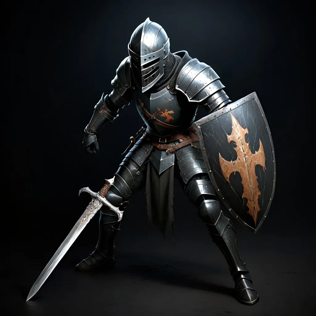 Prompt: The knight wearing scratched worn black armor, armed with sword and shield, dark fantasy art, dark background