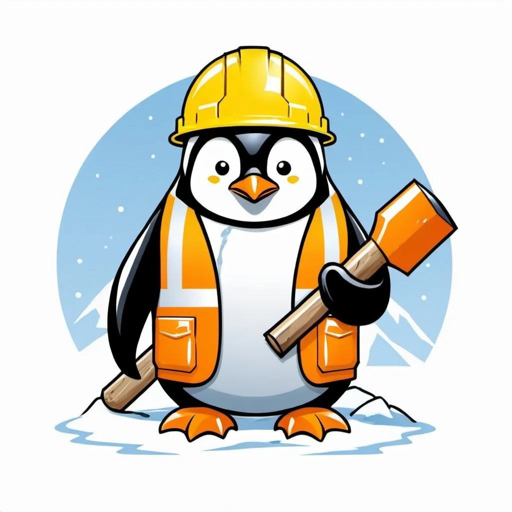 Prompt: a logo for a construction company of a penguin wearing a Hi-VIS vest and a helmet holding a hammer with the text SnowFront below it 