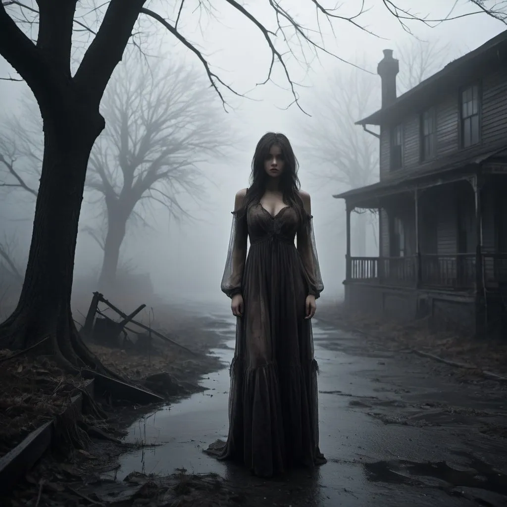 Prompt: Create an image of a dark, eerie scene inspired by the world of Silent Hill. The focus should be on a beautiful yet unsettling humanoid female. She should have an ethereal beauty with long, flowing hair, but her skin is pale and slightly translucent, revealing faint, dark veins underneath. Her eyes are large and hollow, glowing faintly with an eerie light.

Dress her in a tattered, old-fashioned gown that looks as if it has been decaying over the years, with parts of it merging with the mist that surrounds her. Her fingers are elongated and claw-like, adding to her haunting appearance.

The background should be a foggy, desolate landscape with twisted, barren trees and dilapidated buildings that fade into the mist. Dim, flickering streetlights cast long shadows, enhancing the eerie atmosphere. The ground is cracked and uneven, with occasional pools of dark, stagnant water.

In the distance, add a faint silhouette of a large, ominous structure, partially obscured by the thick fog, to evoke a sense of foreboding and mystery. The overall atmosphere should be haunting, with a sense of dread and unease.