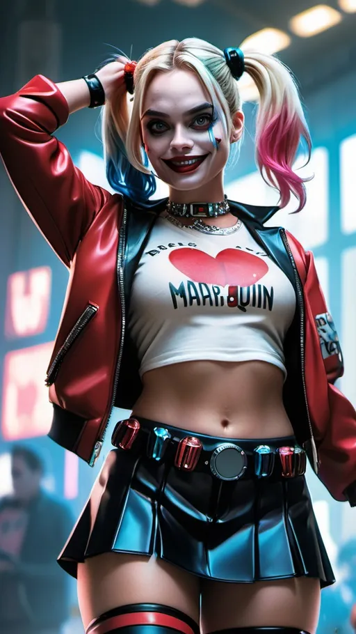 Prompt: Anime cyberpunk style, ((masterpiece, best quality)), harley quinn,  margot robbie, mini skirt,curvy body, detailed face,perfect eyes,detailed hands,hands up,light background,mix of fantasy and realistic elements,vibrant manga,uhd picture , crystal translucency, vibrant artwork