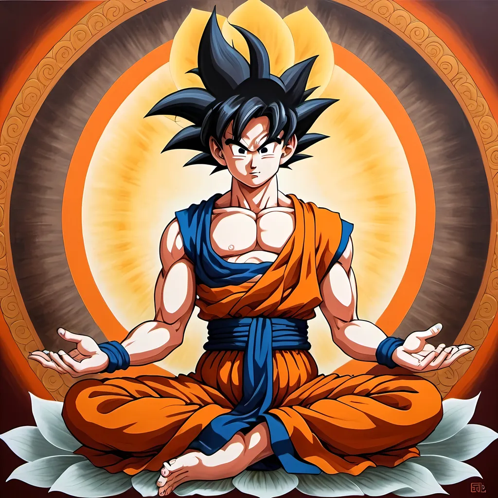 Prompt: Create a thanka style painting of goku sitting in Buddha lotus pose. The facial expression of goku should depict tranquility 
