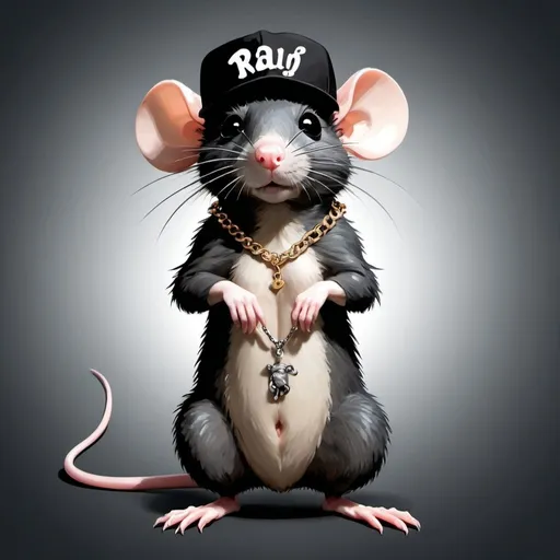 Prompt: Create an image of a feminine-looking rat with long black curly hair. The rat is standing on its hind legs and wearing a chain necklace that reads 'Ralph.' The rat is also wearing a backwards cap.
