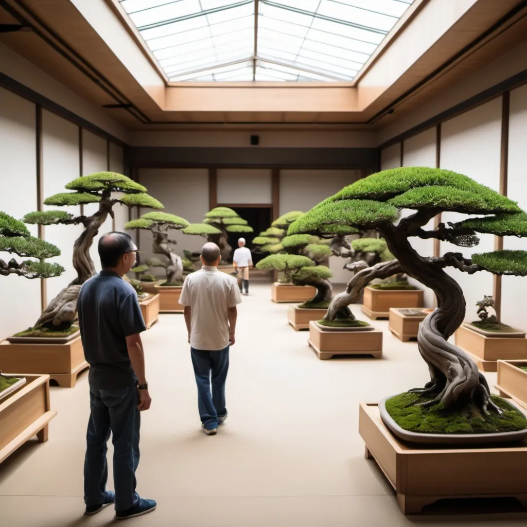 Prompt: Man leads a group tour through the largest bonsai museum in the world, long corridors, plenty of natural light