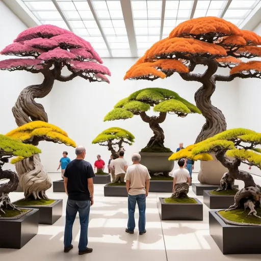 Prompt: Man leads a group tour through the largest museum in the world filled with a variety of red, yellow, orange, pink, white bonsai trees, all shapes and colors and types of leaves, plenty of natural light, the most beautiful bonsai trees in the world